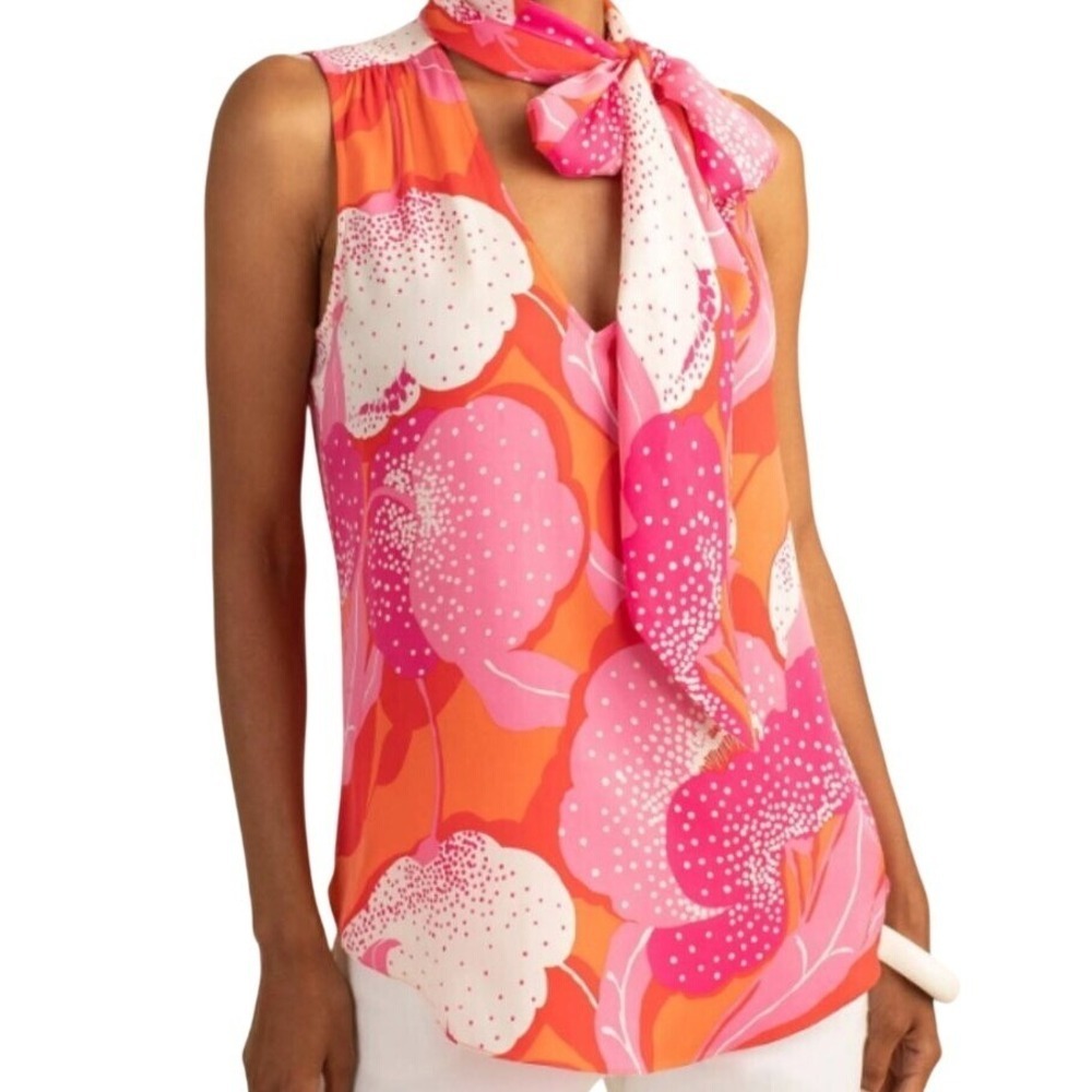 NEW Trina Turk Blouse  "Quail" Pink & Red Silk Abstract Pattern Neck Tie‎ Size M
